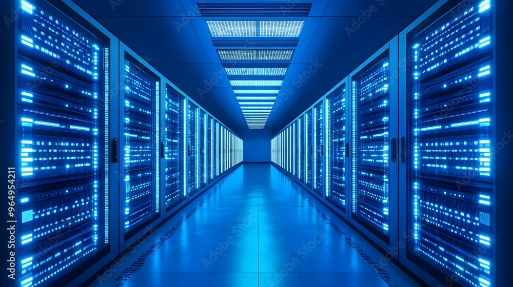 Aufkleber futuristic data center with glowing blue servers creating a modern technology environment.