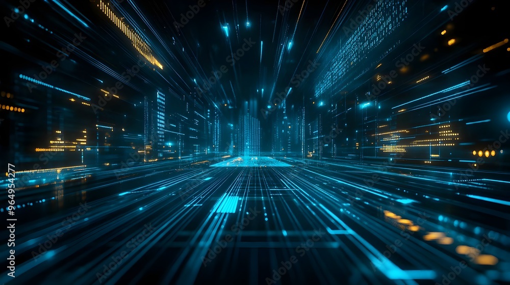 Poster futuristic digital landscape with glowing blue lines, creating a sense of speed and technology rushi