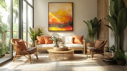 Relaxed Tropical Living Room with Rattan Furniture, Bright Cushions, and Large Tropical Plants