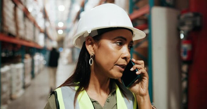 Logistics, woman and stress with phone call in warehouse for shipping mistake and export inspection fail. Distribution industry, supervisor and frustrated with client for cargo error and stock import
