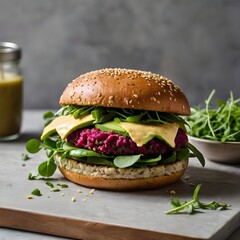 Burger with red sauce and French fries. Generative Ai