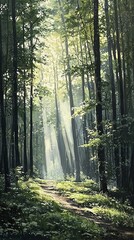 Obraz premium Sunlight streams through the dense canopy of a lush forest, casting rays of light and shadows across the path that meanders through the undergrowth. The scene is serene and tranquil, with a rich palet
