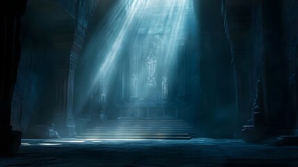 Mysterious interior with ethereal light beams illuminating a dark space, evoking a sense of serenity and wonder.