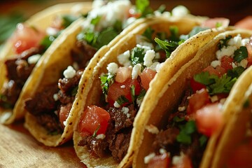 Beef taco, mexican food.Moody Elegance, Rustic Charm, Soft and dreamy lighting, Warm and muted colors, Warm Earthy Tones.Mexican tacos with beef, tomatoes and cheese, ai