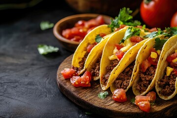 Beef taco, mexican food.Moody Elegance, Rustic Charm, Soft and dreamy lighting, Warm and muted colors, Warm Earthy Tones.Mexican tacos with beef, tomatoes and cheese, ai