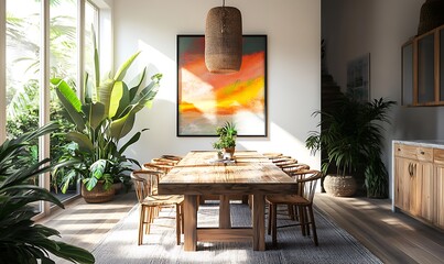 Cozy Tropical Dining Room with Wooden Table, Flexible Seating, and Lush Tropical Plants
