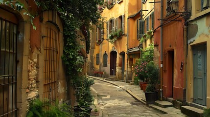 A picturesque narrow street lined with colorful buildings and greenery, inviting exploration and leisure.