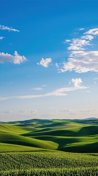 Rolling green hills extend under a clear blue sky with scattered white clouds. The landscape is lush, with undulating fields of green stretching out to the horizon. The hills are covered in rich, verd