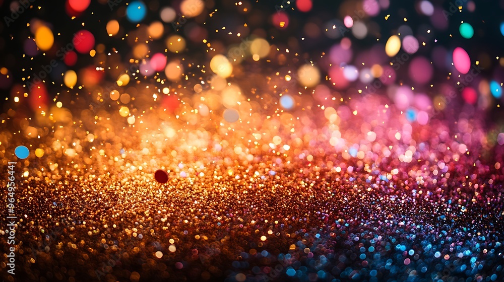 Poster abstract background of colorful bokeh lights on a dark background.