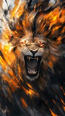 Roaring Lion with Fiery Mane and Glowing Eyes