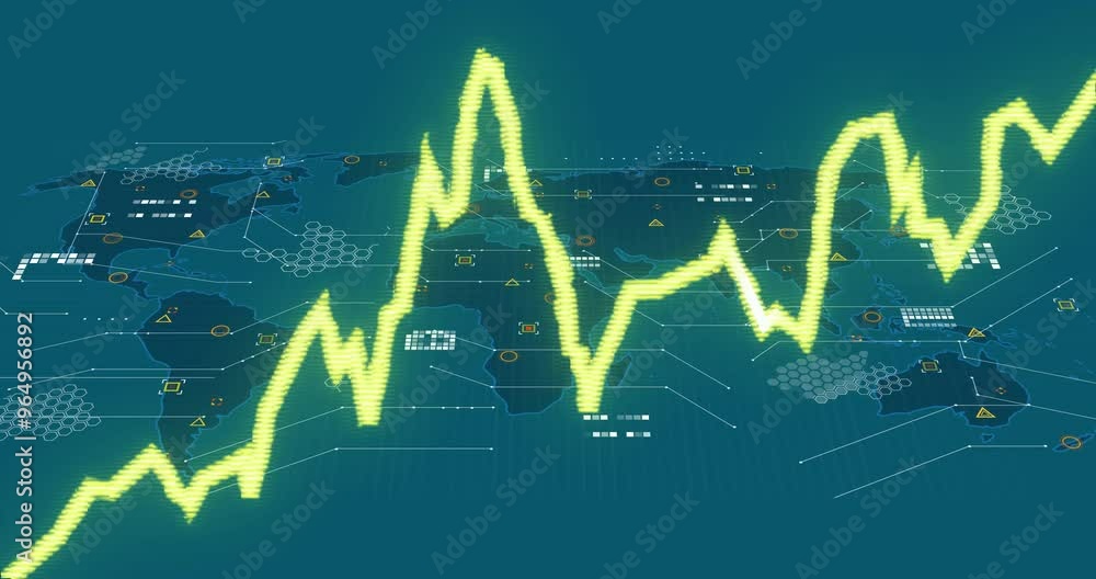 Poster animation of neon diagrams and connections over world map