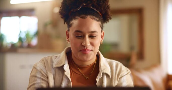 Remote work, smile and businesswoman with laptop for research, proofreading and draft angle for story. Freelancer, content writer and online publication with computer for typing, editing and article