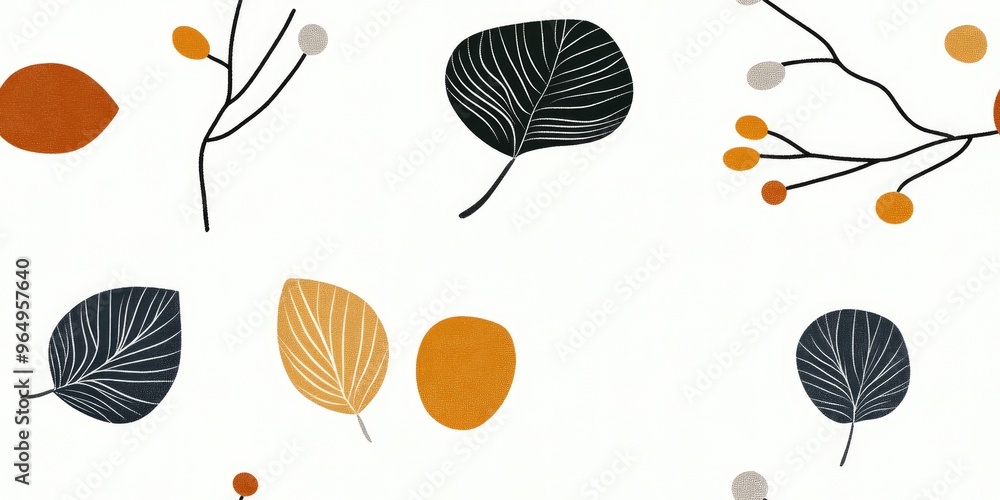 Poster a dreamy abstract autumn background with floating leaves and branches in warm earthy tones, showcasi