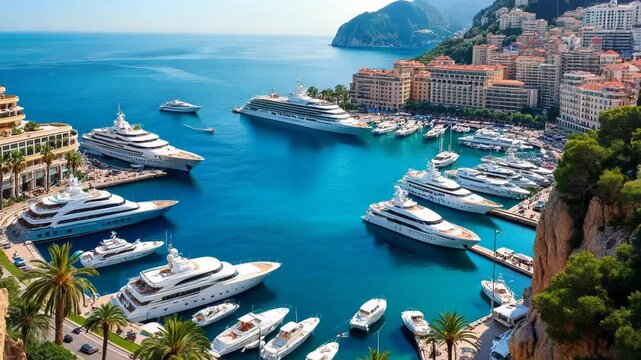 Aerial view of Monaco's iconic harbor. Crystal-clear turquoise waters dotted with luxurious yachts. Belle &Eacute;poque architecture lines the cliffs. 