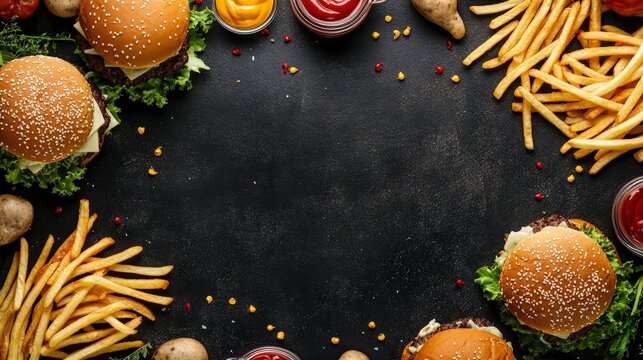 Gourmet Fast Food Border with French Fries and Burgers for Editorial Design, Copy Space in Center for Text, Stylish Food Frame Template