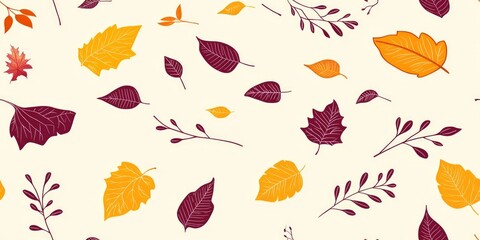 Autumnal bliss unfolds with a seamless pattern of earthy tones and golden leaves gently scattered across a light background, perfect for any fall-inspired design project