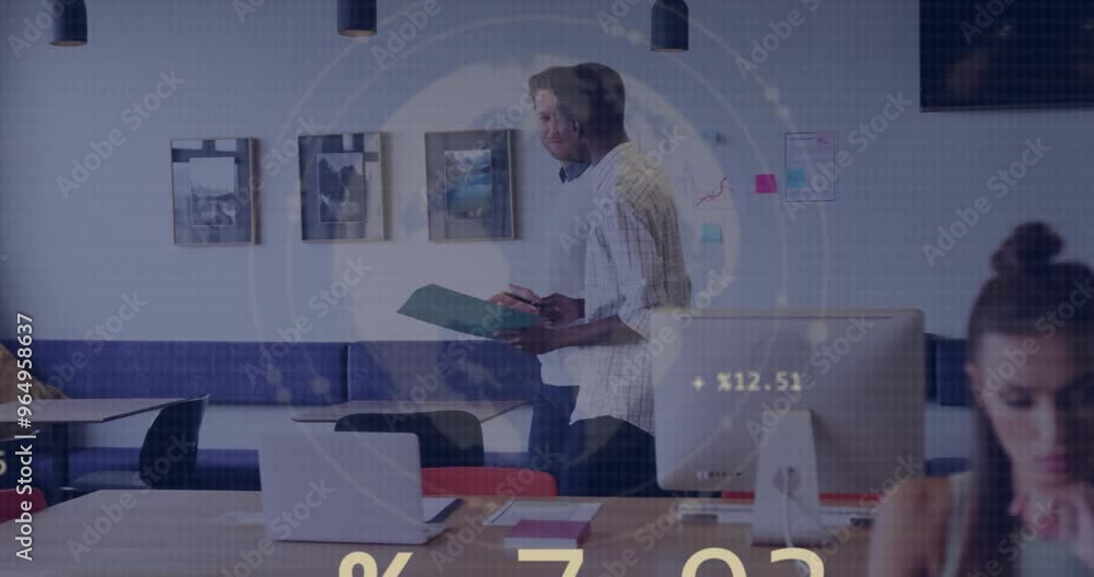 Poster animation of diagrams and data processing over diverse colleagues talking in office