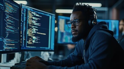 Focused Programmer Working on Code with Headphones and Glasses