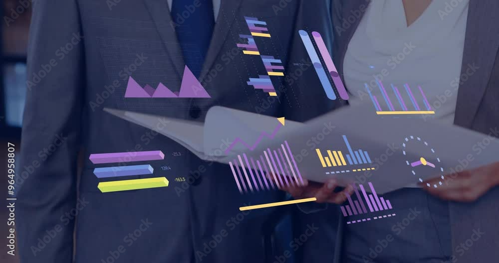 Poster animation of diagrams and data processing over diverse colleagues talking in office
