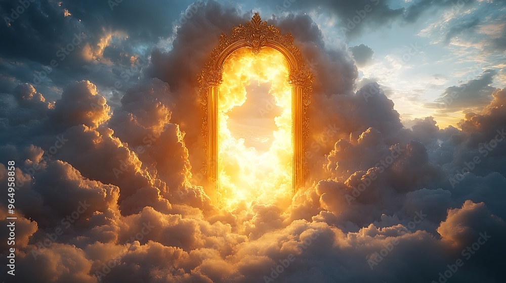 Poster a golden portal in the clouds, glowing with light, symbolizing a gateway to another dimension.