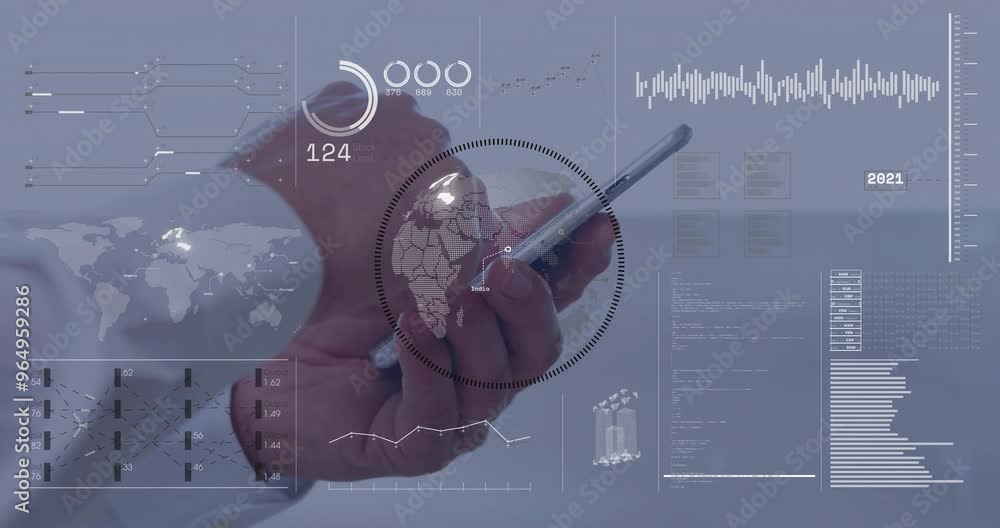 Poster animation of globe and data processing over caucasian man using smartphone in office