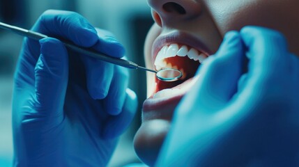doctor in blue medical gloves makes examination of oral cavity of patient girl close-up.Oral care and dental health concept