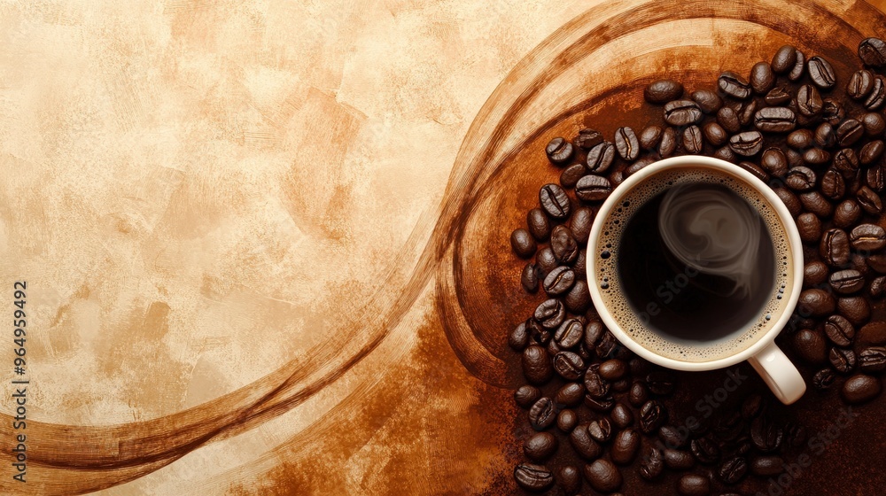 Poster warm coffee artistry: abstract textures and patterns background with steaming cup