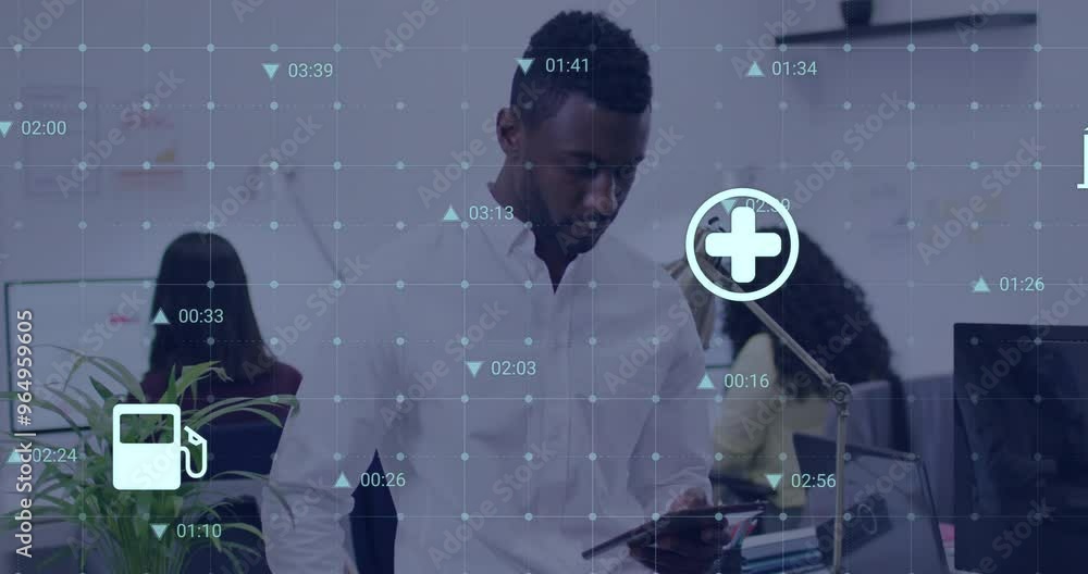 Aufkleber animation of media icons and data processing over diverse colleagues working in office