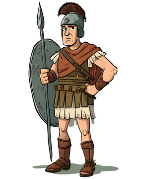 Cartoon-R&ouml;mischer Soldat mit Speer und Schild - Ai-Ki generiert