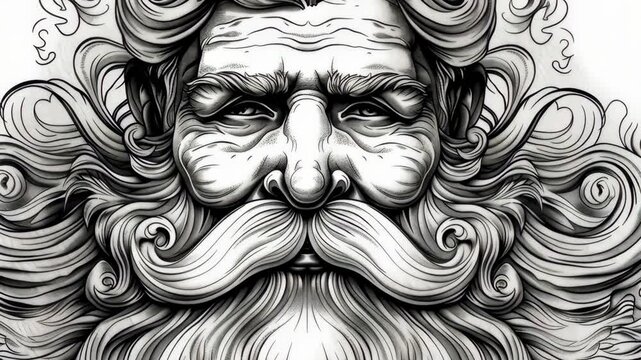 Intricate black and white illustration of an elderly man with a dramatic beard and flowing hair, showcasing detailed artistry and skillful shading