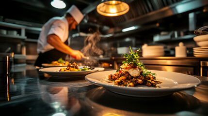 A chef prepares a gourmet dish in a modern kitchen, showcasing culinary skills and vibrant ingredients on a polished countertop.