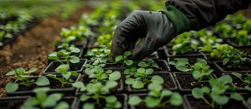 Farm Worker Preparing And Transplanting Organic New Cubios Plants Using A Black Plastic Tropaeolum Tuberosum