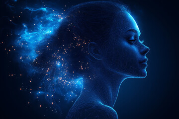 silhouette Woman in wireframe style on blue background