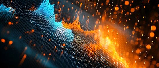 Close up of a financial stock market graph with blue and orange lines on a digital data chart background in the style of a business concept illustration.