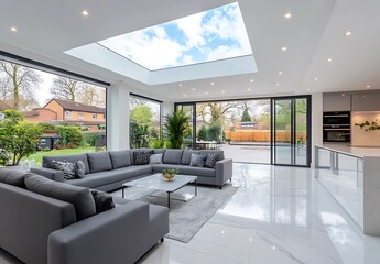 Property Interiors: Luxury interior view of an open plan grey shaker style fitted kitchen and lounge area with island, crushed velvet sofa, large open bifold patio doors & American fridge glossy tiled