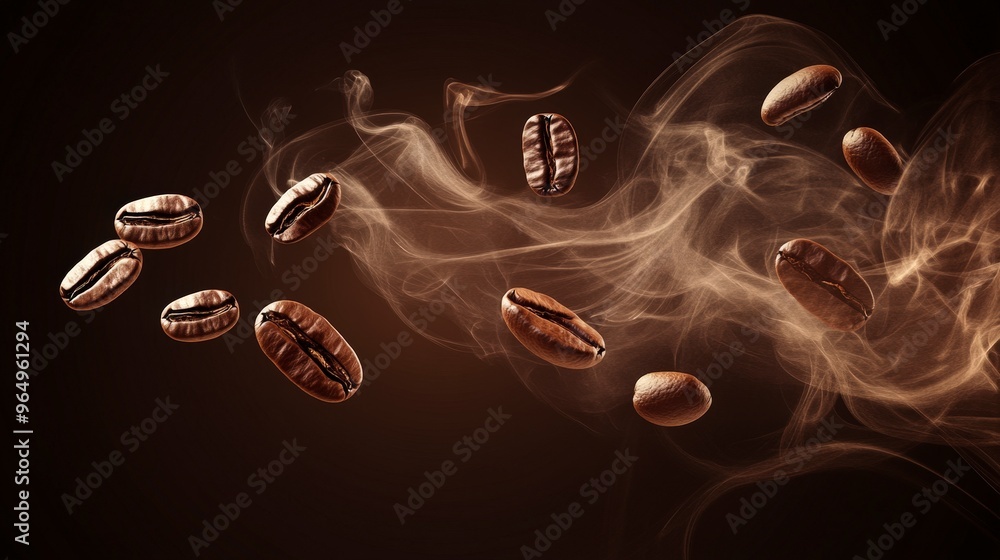 Poster aesthetic vector coffee beans with smoke on dark background - high resolution minimalistic design wi