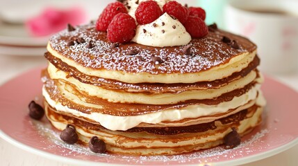 Delicious Pancakes with Whipped Cream  Chocolate Chips  and Raspberries