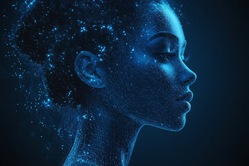 silhouette Woman in wireframe style on blue background