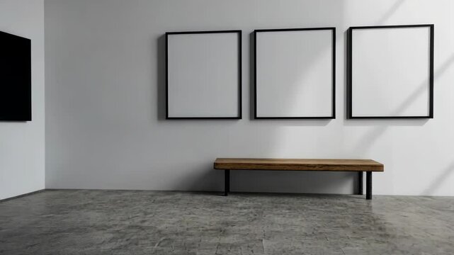 Empty gallery space featuring three blank frames and a wooden bench during afternoon sunlight
