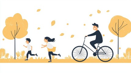 Obraz premium Happy Family Cycling and Running in Autumn Park
