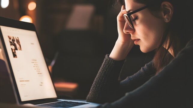 A young woman sits at her computer, looking exhausted and stressed.