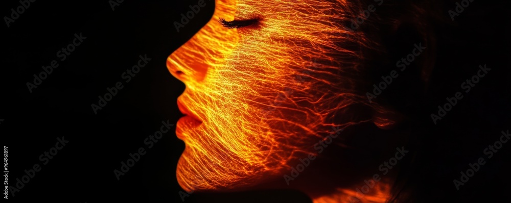 Poster profile view of woman with fiery light patterns, artistic portrait. identity and creativity concept