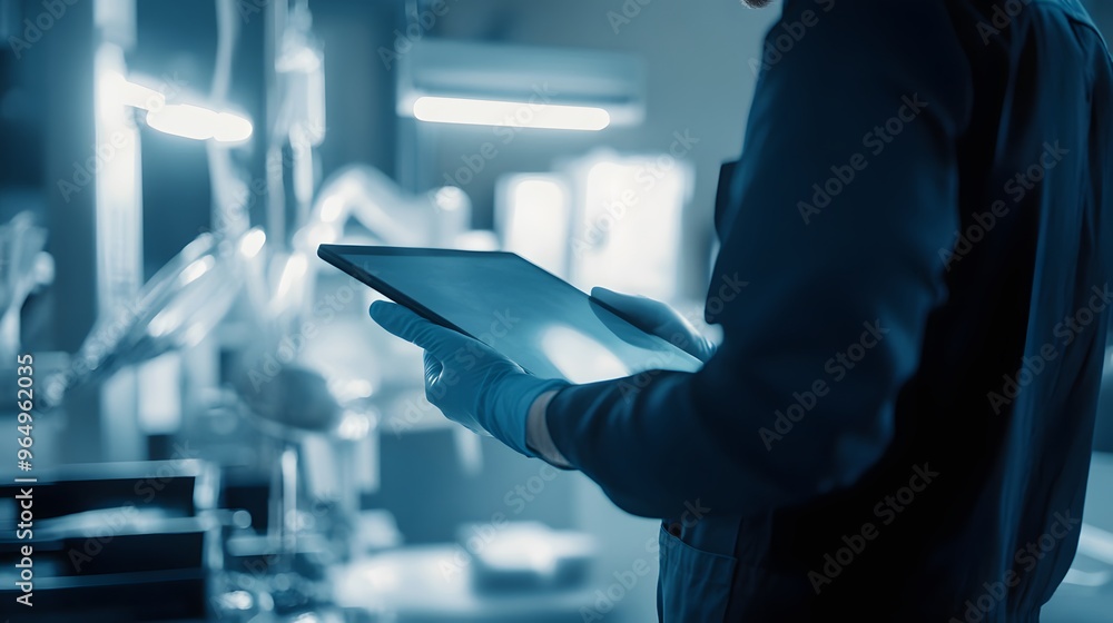 Poster a person in a factory setting uses a tablet to inspect equipment.