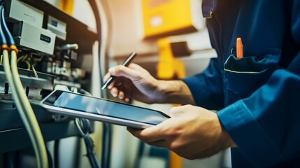 A technician uses a tablet and stylus to inspect a complex piece of equipment.