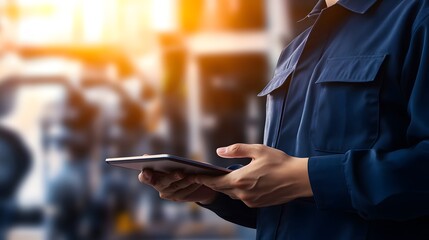 A worker in a blue uniform uses a tablet to inspect equipment.