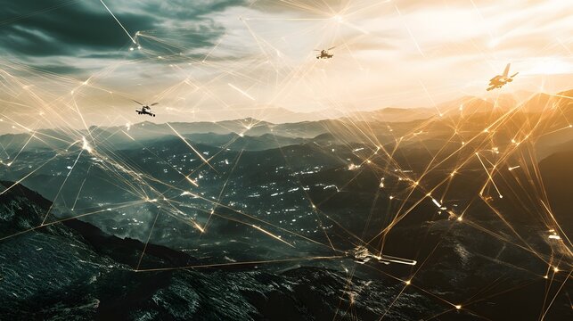 Three helicopters fly through a network of connected lines above a mountain range. - Powered by Adobe