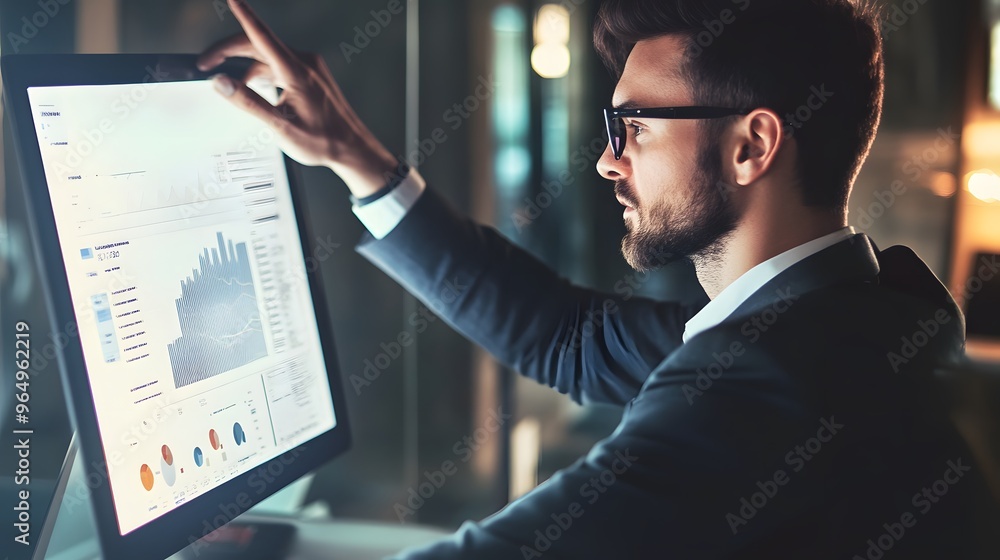 Aufkleber a businessman in a suit analyzes data on a computer screen.