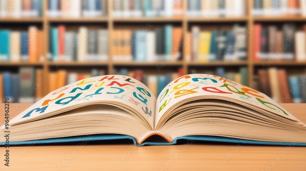 Aufkleber open book with colorful letters on pages in front of blurred bookshelf