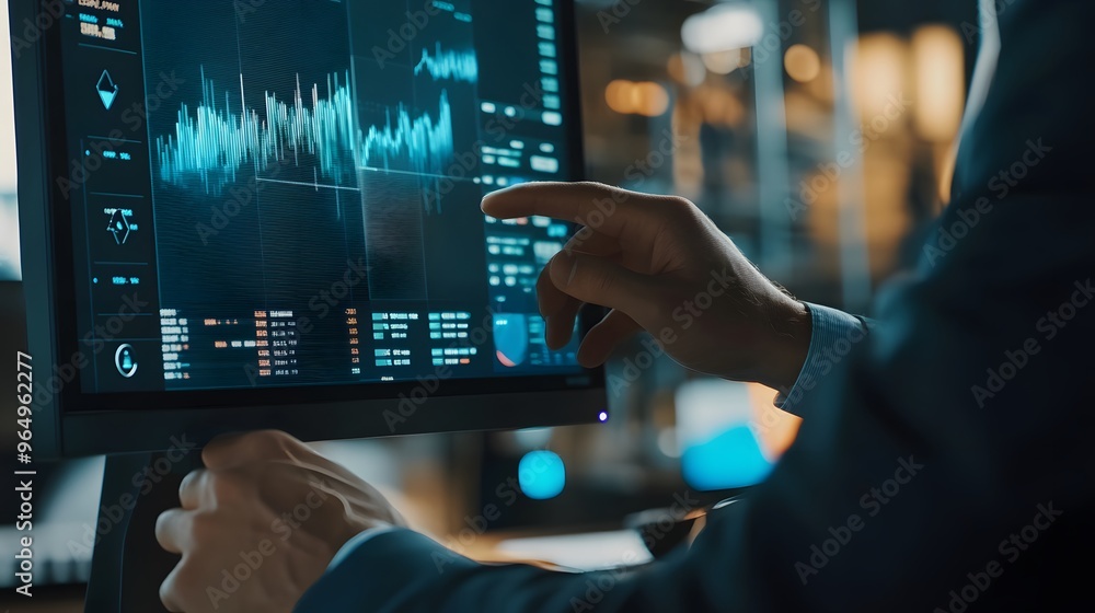 Poster a businessman's hand points to data on a computer screen.