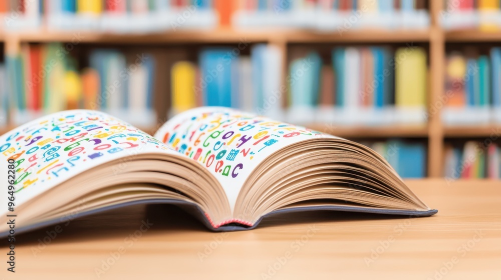 Aufkleber open book with colorful letters on pages blurred bookshelf in background